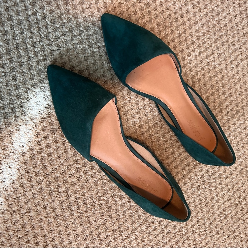 J Crew Zoe Green Suede d’Orsay flats.
